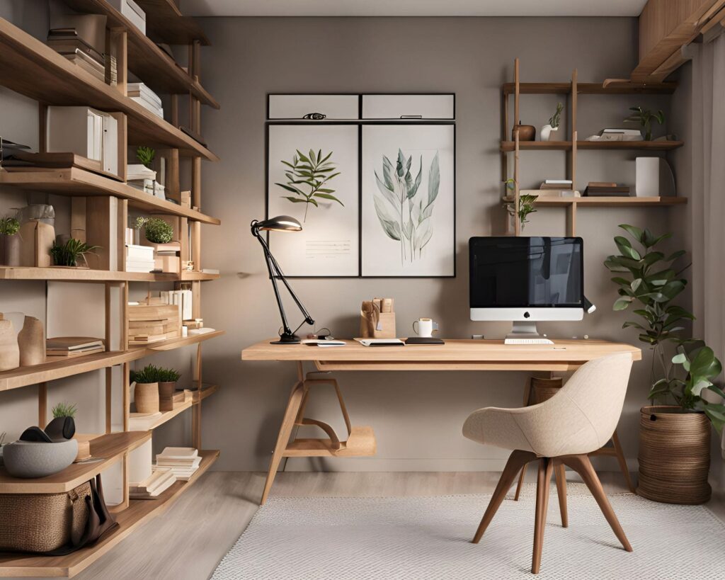 Arbeitszimmer in warmen Greige mit Holzmöbeln