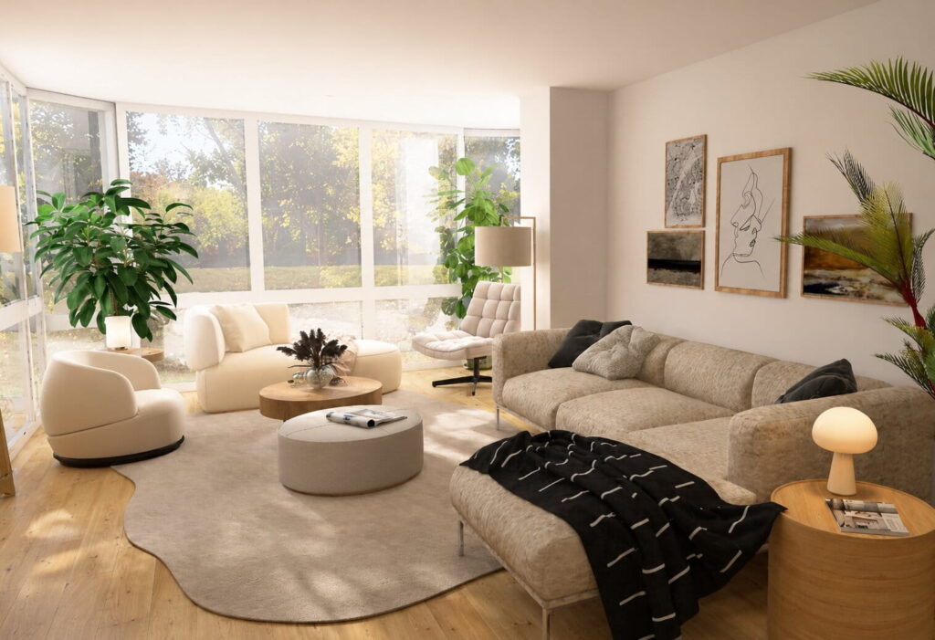 Wohnzimmer mit Erker, viel Fensterfläche und vielen Polstermöbeln in Creme