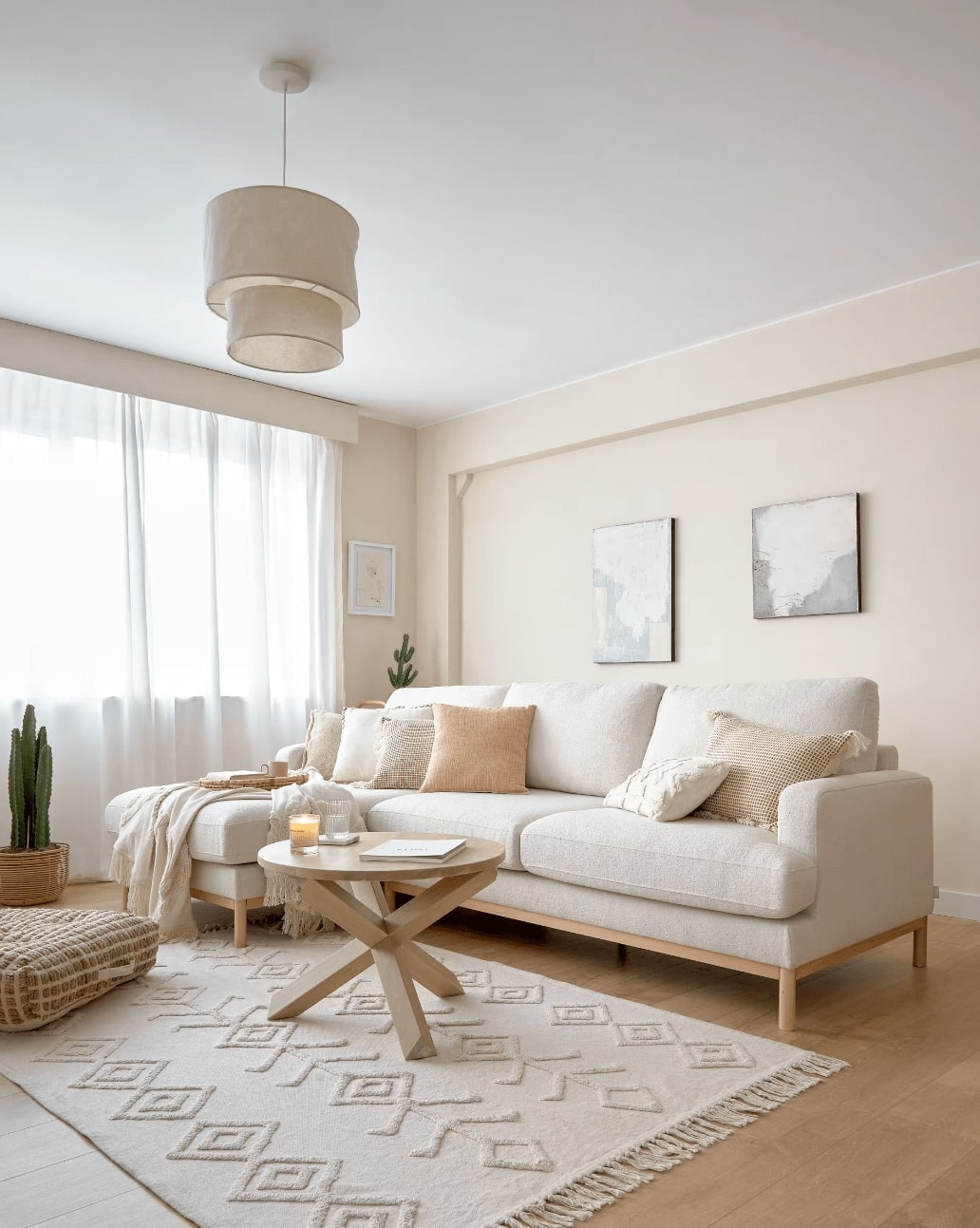 Wohnzimmer mit hellen Wänden und Couch