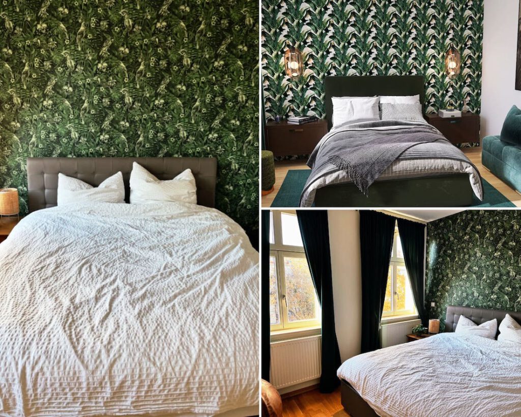 schlafzimmer wand gestalten mit grüner tapete