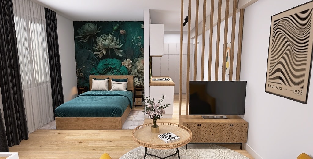 Kleine Wohnung strukturieren: Sofa, Küche und Schlafbereich mit Akzentwand voneinander abgrenzen
