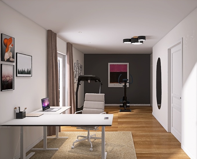 Längliches Arbeitszimmer mit Akzentwand in dunkelgrau und Fitnessecke mit Laufband und Fahrrad