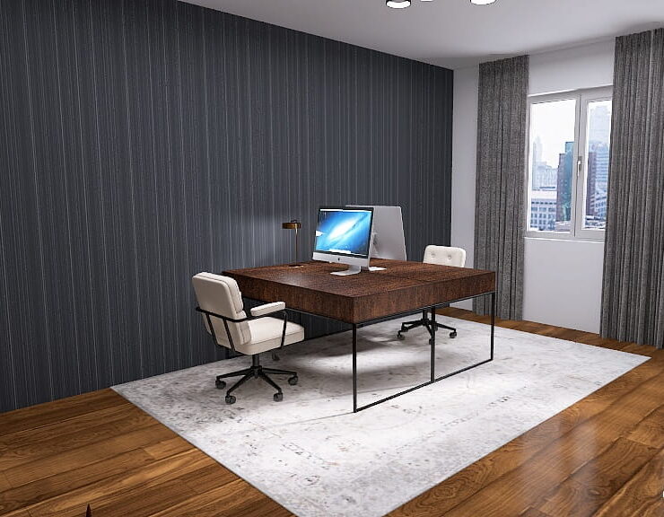 Modern-minimalistisches Arbeitszimmer in dunklen Farben mit dunkelblauer Akzentwand aus Mustertapete