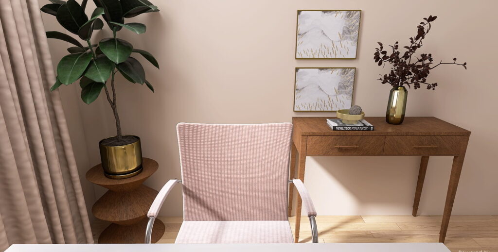 Arbeitszimmer mit Wand in warmen Beige als hochwertiger Hintergrund für Videocalls