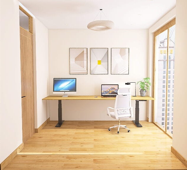 Kleines, modernes Arbeitszimmer in Creme mit breiten Schreibtisch für 2 Arbeitsplätze