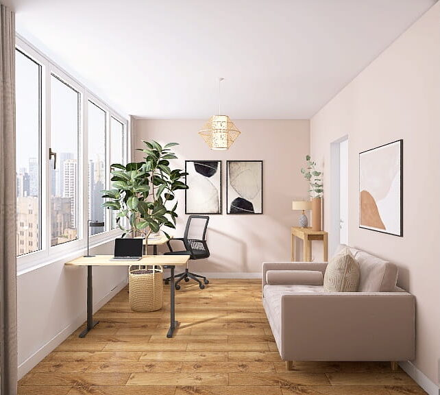 Gemütliches Arbeitszimmer in Beige mit zwei Arbeitsplätzen und Sofa als Gästebett