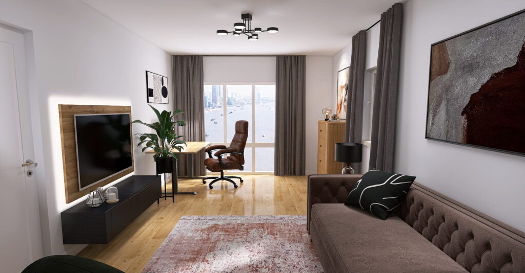 Modernes Männer-Arbeitszimmer in dunklen Farben mit indirekt beleuchtetem Fernseher und braunem Chesterfieldsofa