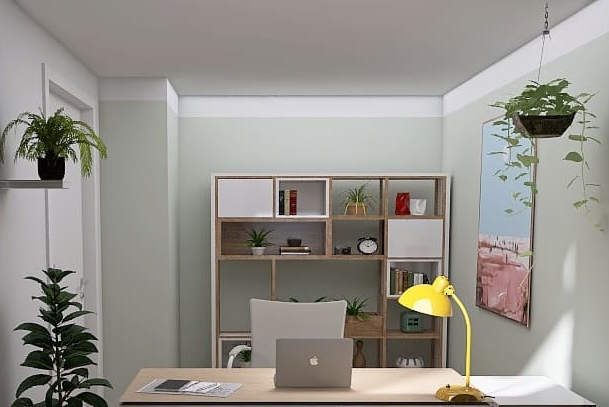 Kleines, niedriges Arbeitszimmer mit Wand in Mint und Pflanzen