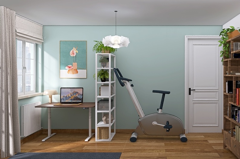 Kleines Arbeitszimmer mit Schreibtisch und Fitnessecke und Wand in Mint