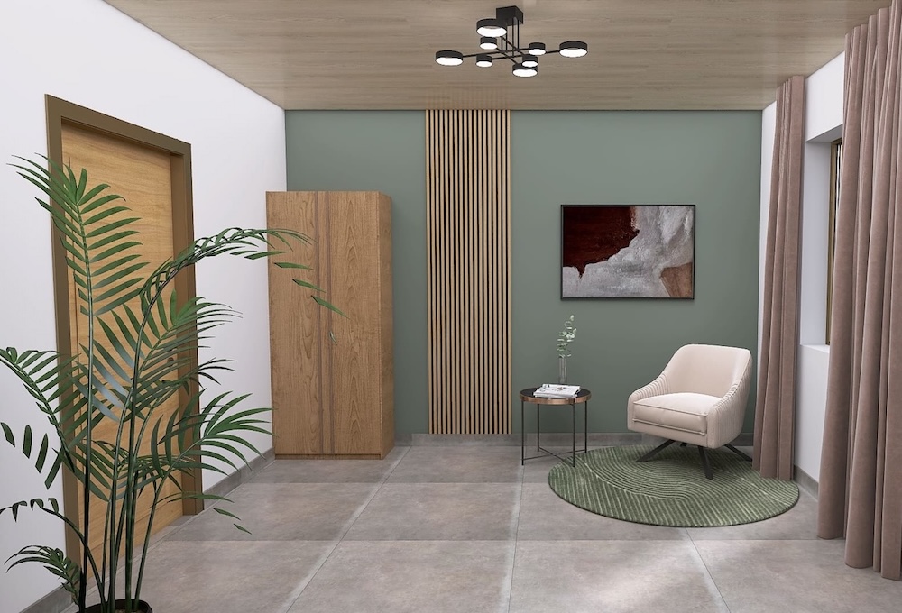 Modernes Arbeitszimmer mit grüner Akzentwand, Akustikpaneelen und Leseecke