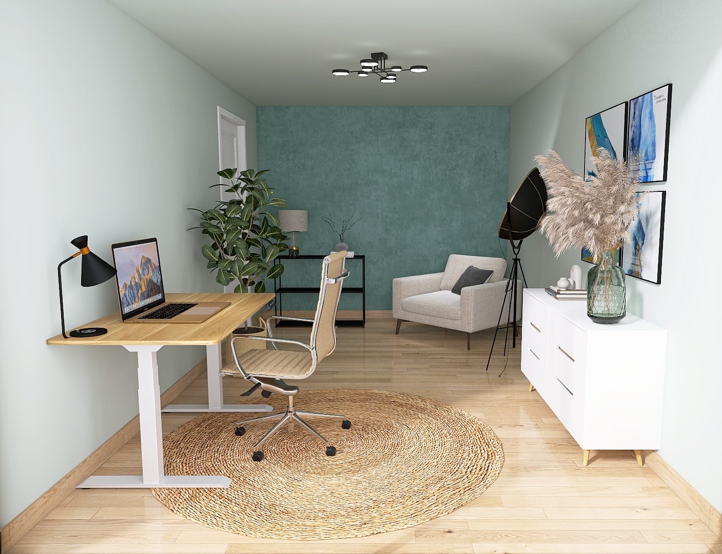 Arbeitszimmer in mint gestrichen mit Tapetenwand und Sessel als Videohintergrund und Schreibtisch mit schönem Hintergrund für Videocalls