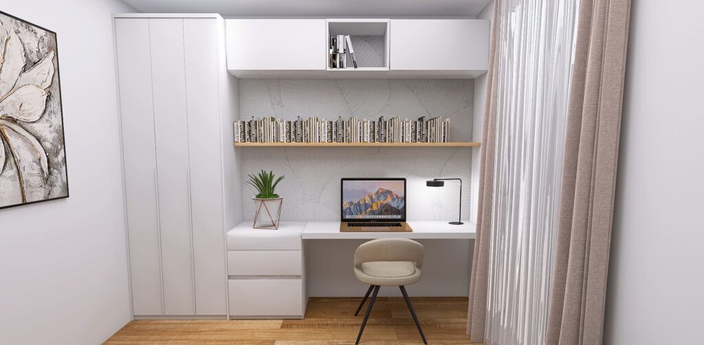 Modernes, aufgeräumtes Arbeitszimmer mit weißen Ikea-Möbeln, viel Stauraum und dezenter Tapetenwand mit Blättermotiv