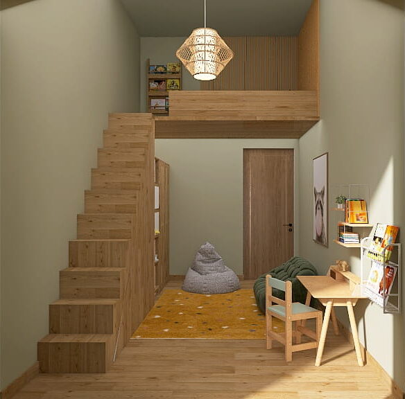 Gemütliches Kinderzimmer mit Dachschrägen in Salbeigrün mit zweiter Schlaf-Ebene und viel Holz