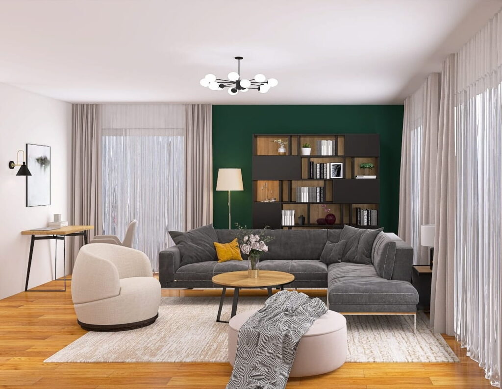 Modernes Wohnzimmer mit grüner Wand und grauem Sofa