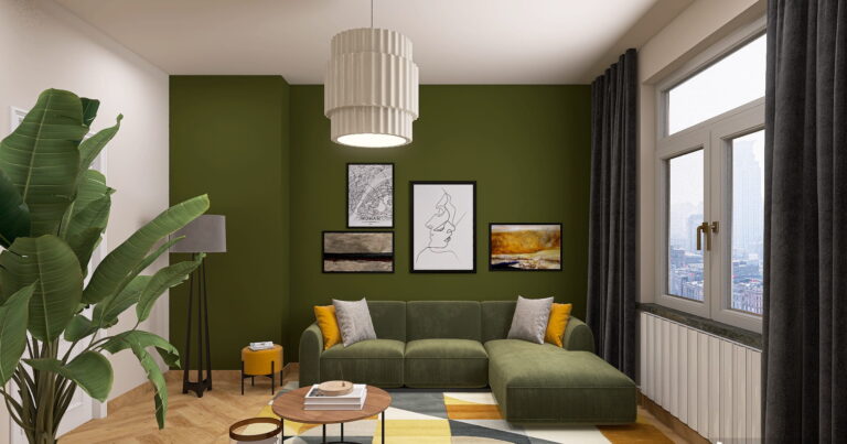 Modernes Altbau-Wohnzimmer mit grüner Wand, grünem Sofa und Bilderwand