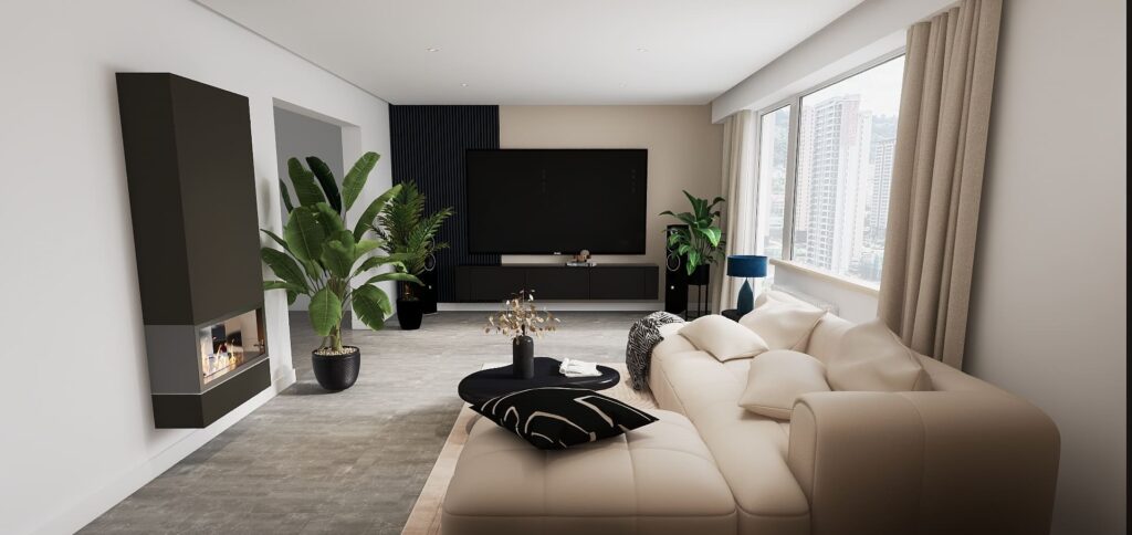 Modernes Wohnzimmer mit Akustikpaneelen, Hänge-Lowboard und Hängekamin und großer Eckcouch in Creme