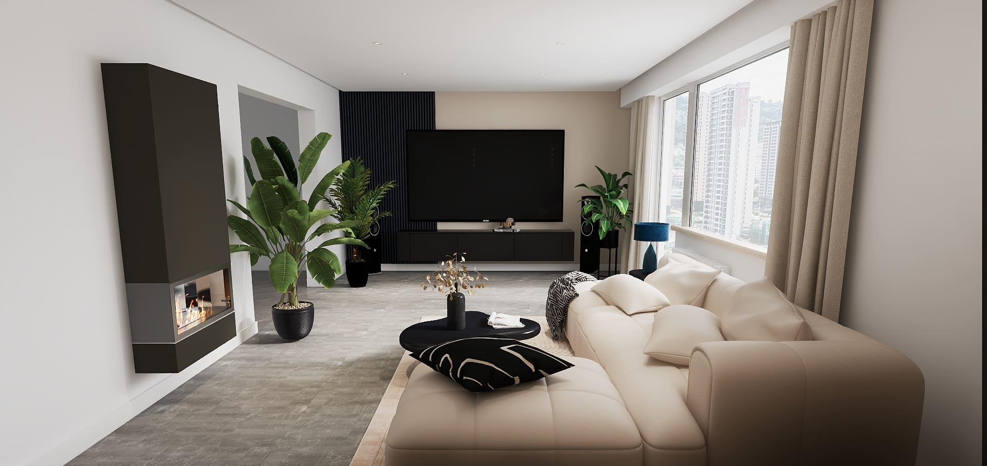 Modernes Wohnzimmer mit Akustikpaneelen, Hänge-Lowboard und Hängekamin und großer Eckcouch in Creme