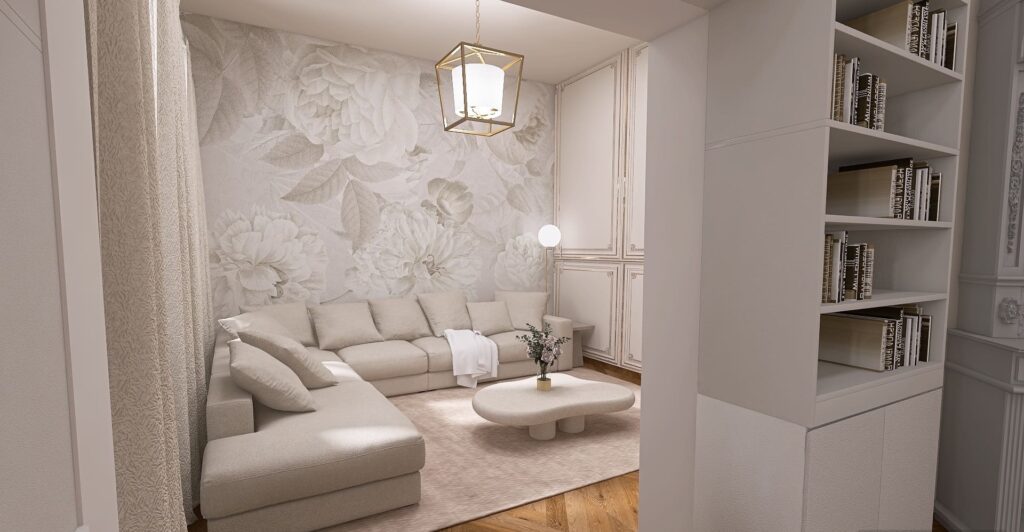 Kleines, elegantes Wohnzimmer in Beige mit Wandverkleidung und Blumentapete