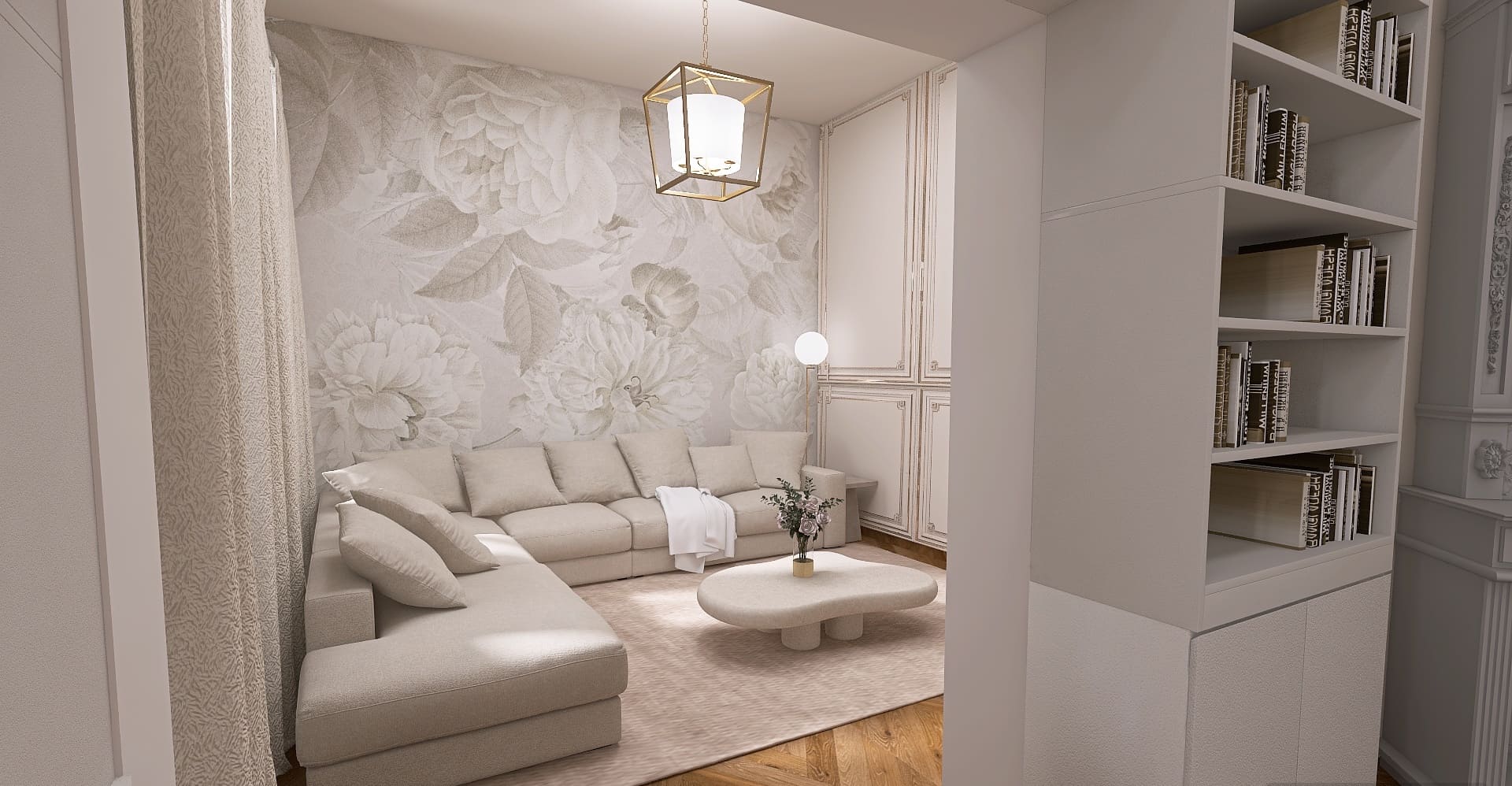 Gemütliches, elegantes Wohnzimmer in Beige mit Wandverkleidung und Blumentapete