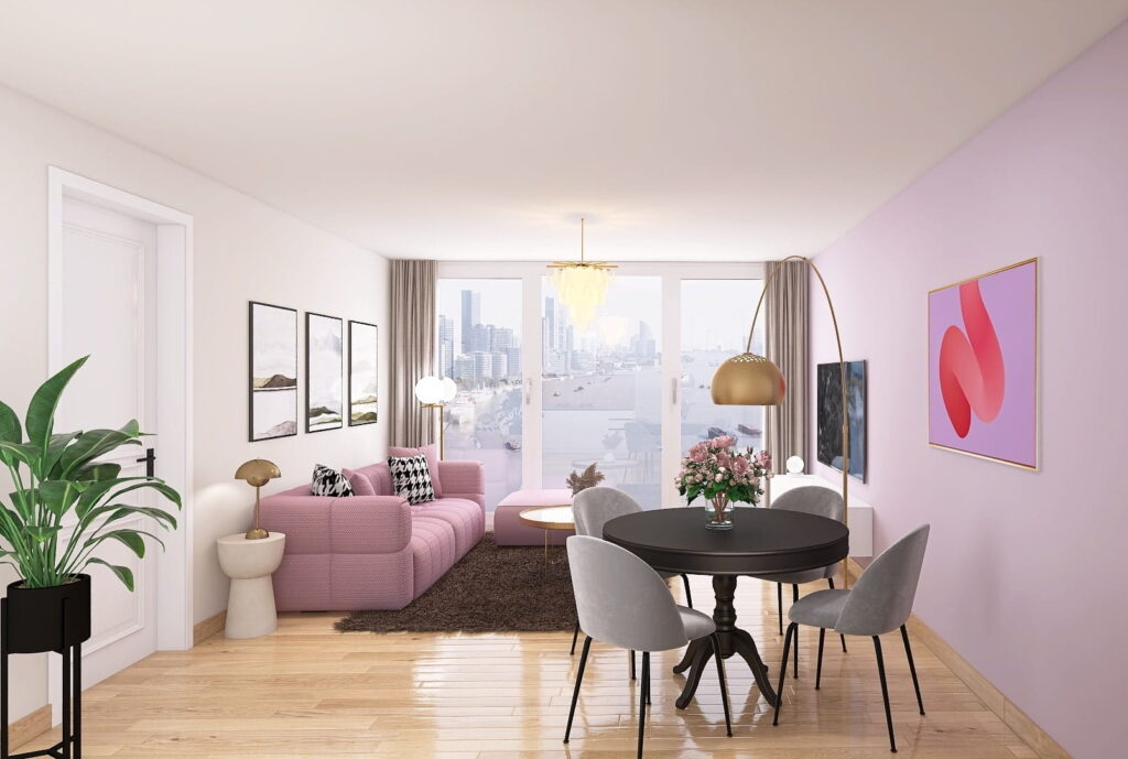 Modernes Wohnzimmer mit Wand in Flieder, Sofa in Lila und Essecke mit rundem Tisch