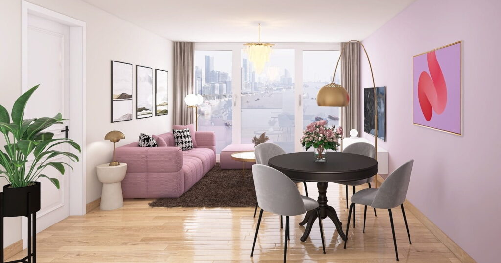 Modernes Wohnzimmer mit Wand in Flieder, Sofa in Lila und Essecke mit rundem Tisch