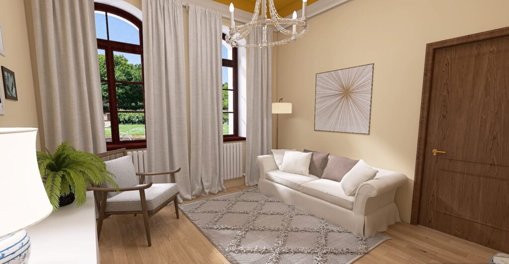 Hohes Altbau Wohnzimmer im Landhausstil mit hellgelben Wänden, Stuckleiste und senfgelber Decke