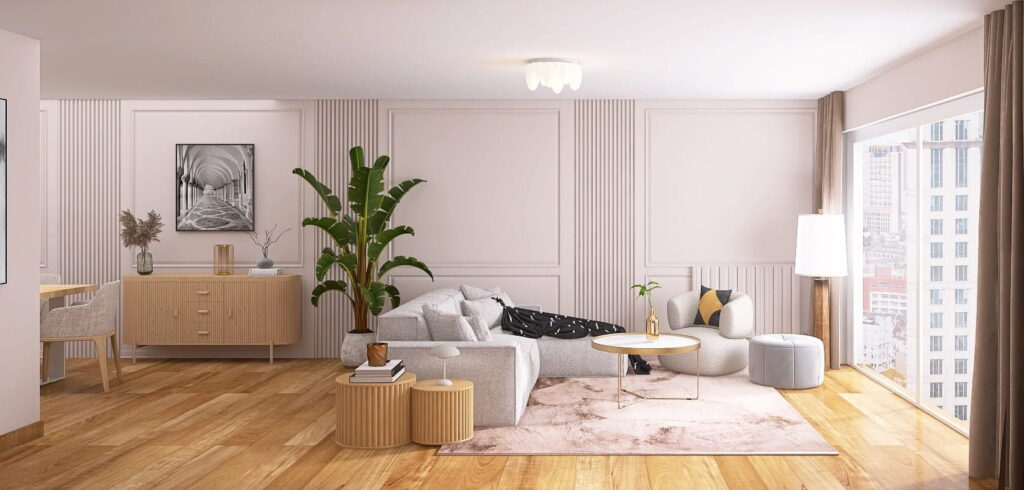 Natürlich-modernes Boho-Wohnzimmer mit Wandgestaltung aus Zierleisten in Kaschmir und hellgrauem Sofa