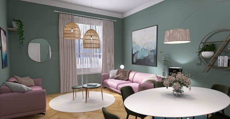 Modernes Altbau-Wohnzimmer mit Wänden in Türkis, Essecke und Sofas in Lila
