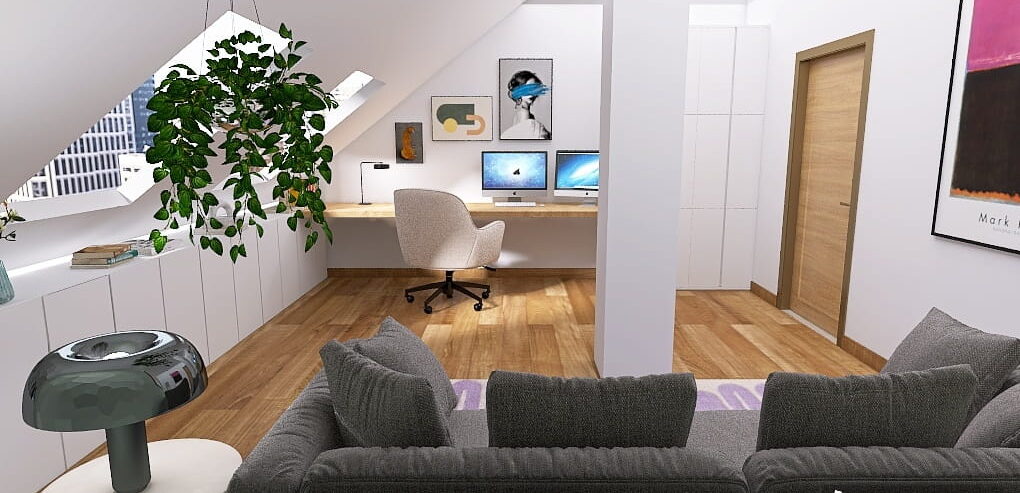 Arbeitszimmer mit viel Stauraum unter den Dachschrägen, Schreibtisch und Sofa