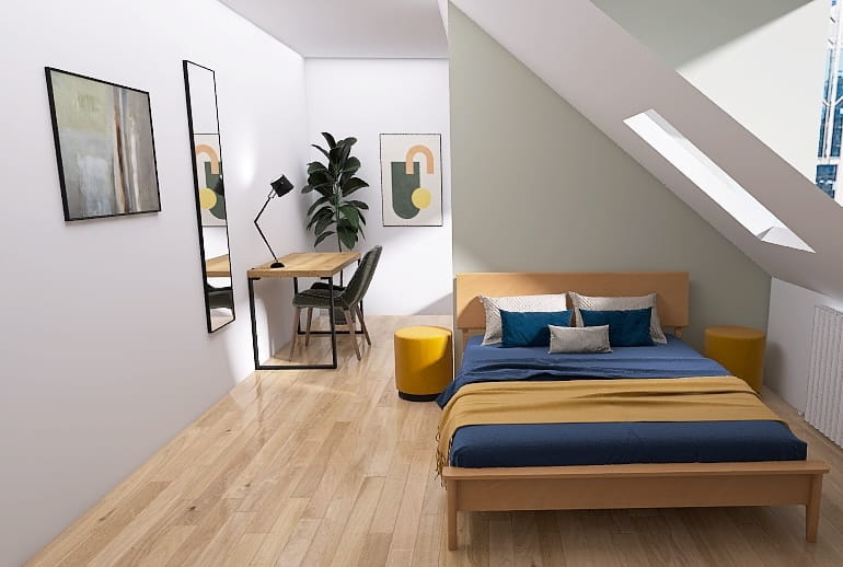 Kleines Dachgeschoss-Schlafzimmer mit Arbeitsecke und Akzentwand in Hellgrün