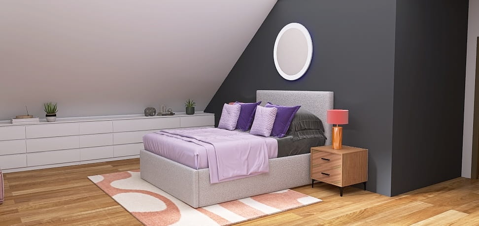 Modernes Dachgeschoss-Schlafzimmer mit viel Stauraum, Akzentwand in Grau und Boxspringbett