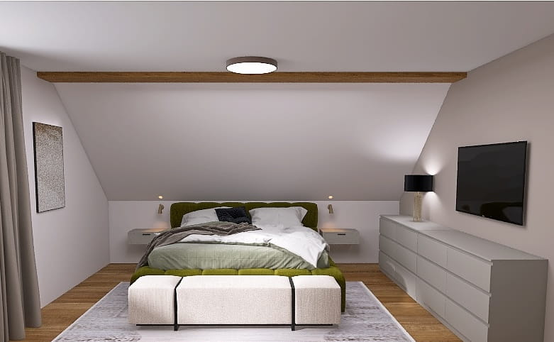 Helles Dachgeschoss-Schlafzimmer mit Bett unter Schrägen und Holzbalken
