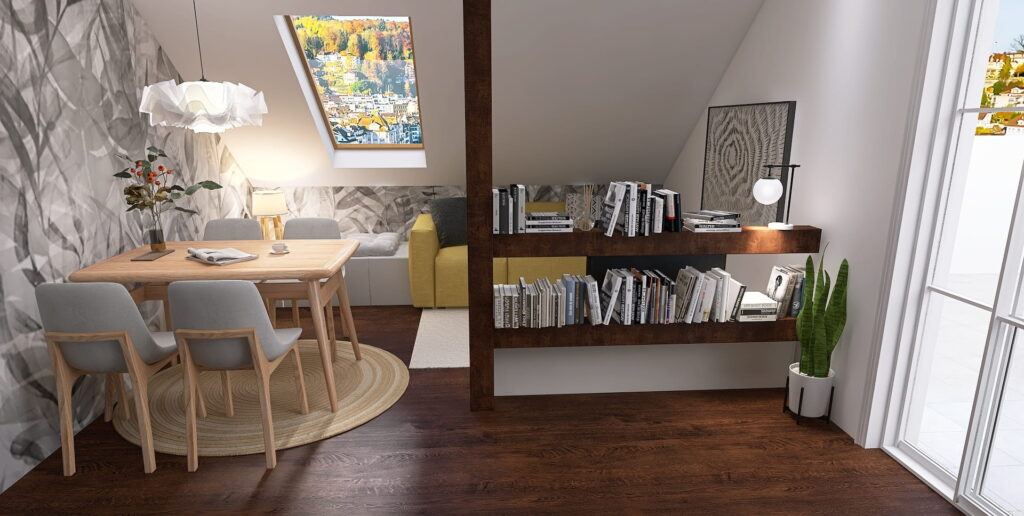 Kleines Wohn-Esszimmer mit Dachschrägen und Raumteiler