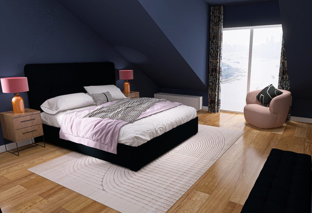 Kleines Schlafzimmer mit Dachschrägen dunkelblau gestrichen für gemütliches Flair