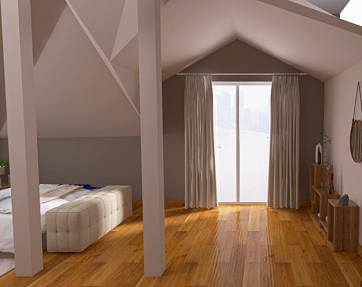 Gemütliches Dachgeschoss-Schlafzimmer. mit asymmetrischen Schrägen