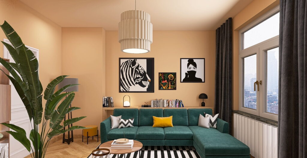 Gemütliches Altbau-Wohnzimmer mit grünem Sofa und Wänden in Apricot