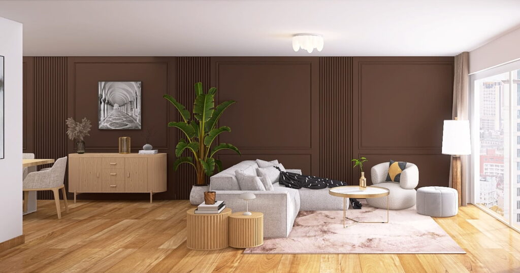 gemütliches Boho-Wohnzimmer mit brauner Wand und hellgrauem Sofa