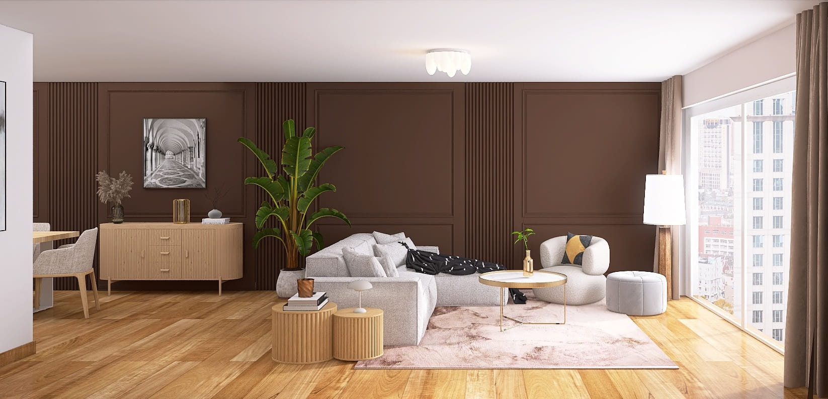 gemütliches Boho-Wohnzimmer mit brauner Wand und hellgrauem Sofa