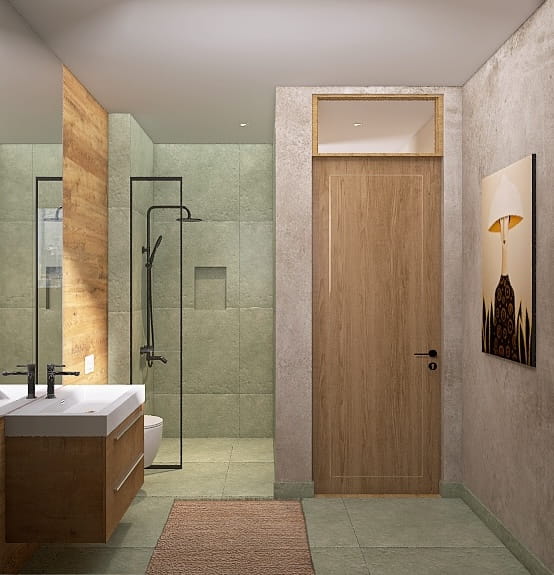 Kleines, modernes Bad mit viel Holz, Wänden in beige, Dusche und Fliesen in Salbei