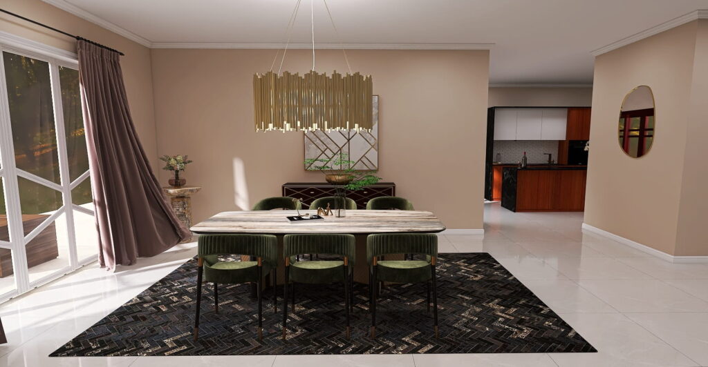 Minimalistisch-luxuriöser Essbereich mit beigen Wänden und schwarz-goldenen Teppich