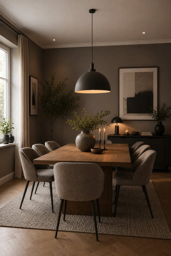 Natürliches Esszimmer mit Massivholztisch und Wänden in Grau