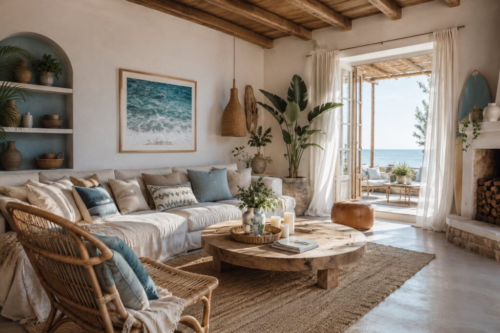 Vom Interior Designer eingerichtete Ferienunterkunft im rustikal-maritimen Bohostil mit Rattanmöbeln und Leinencouch