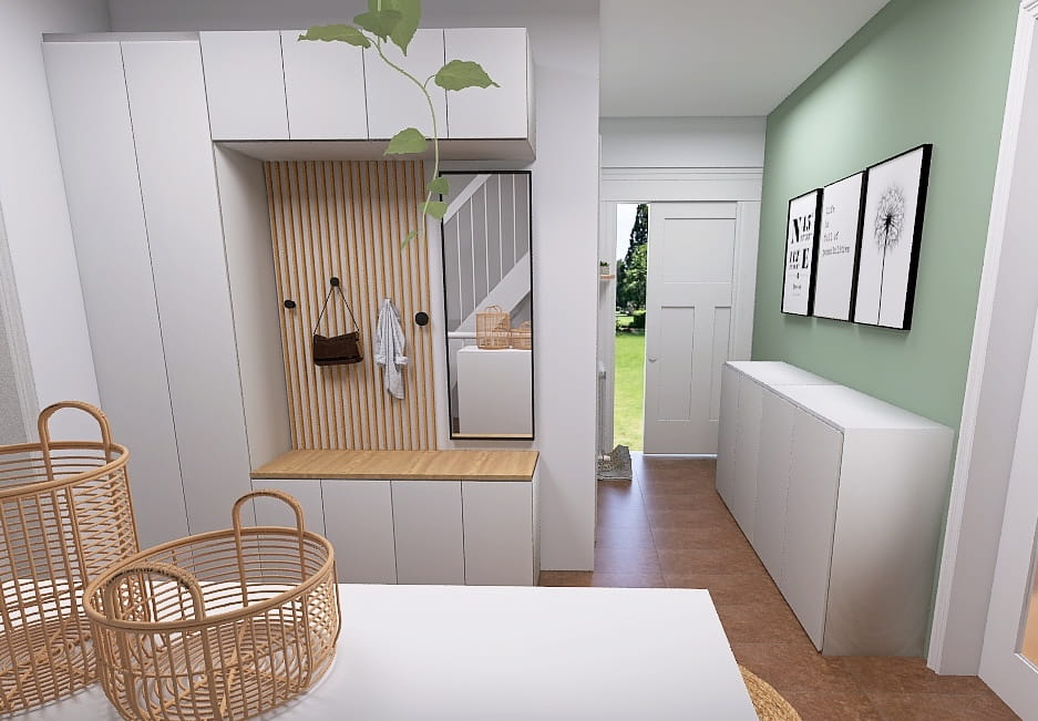 Kleiner Flur mit viel Stauraum in Weiß und Wand in Mint