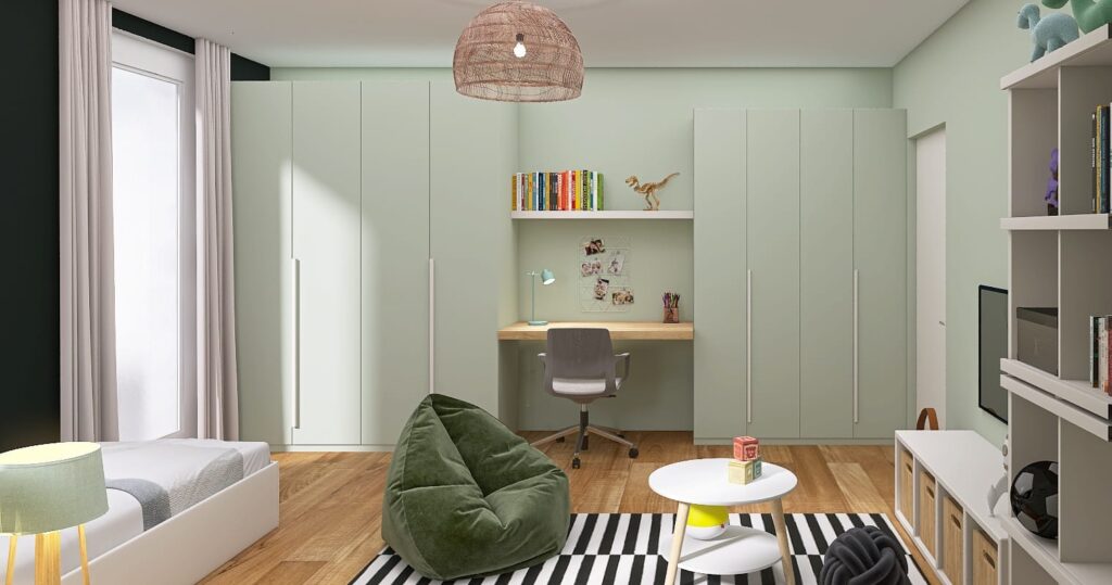 Kleines Kinderzimmer in monochromer Farbgestaltung in Mint mit viel Stauraum