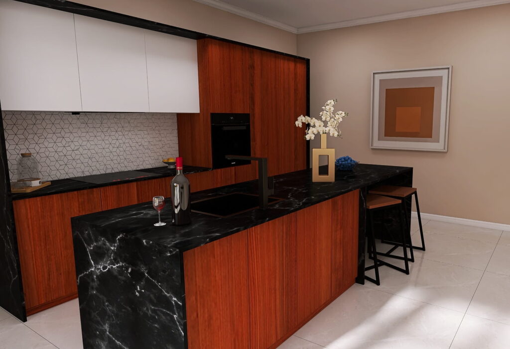 Moderne, minimalistische Küche aus Kirschholz und schwarzem Marmor mit Wänden in Beige