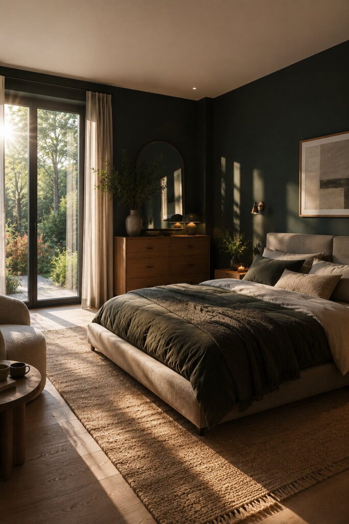 Gemütliches Schlafzimmer mit dunkelgrünen Wänden und modernem Polsterbett