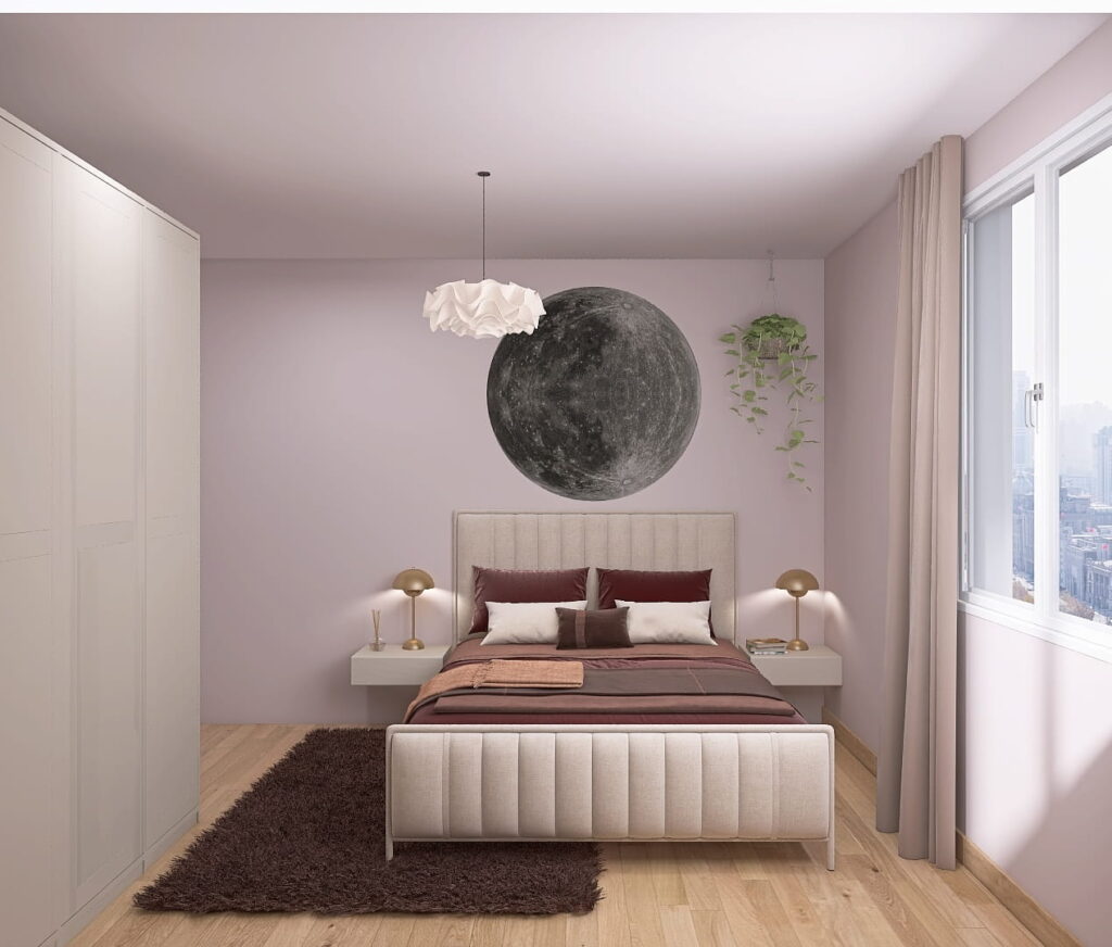 Kleines Schlafzimmer mit farbigen Wänden, beigen Polsterbett und Eckschrank