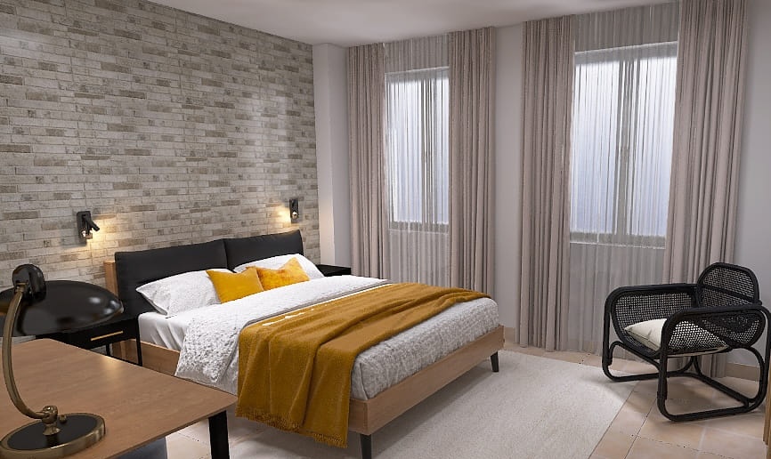 Kleines Schlafzimmer mit Tapetenwand in Beige und Massivholzbett