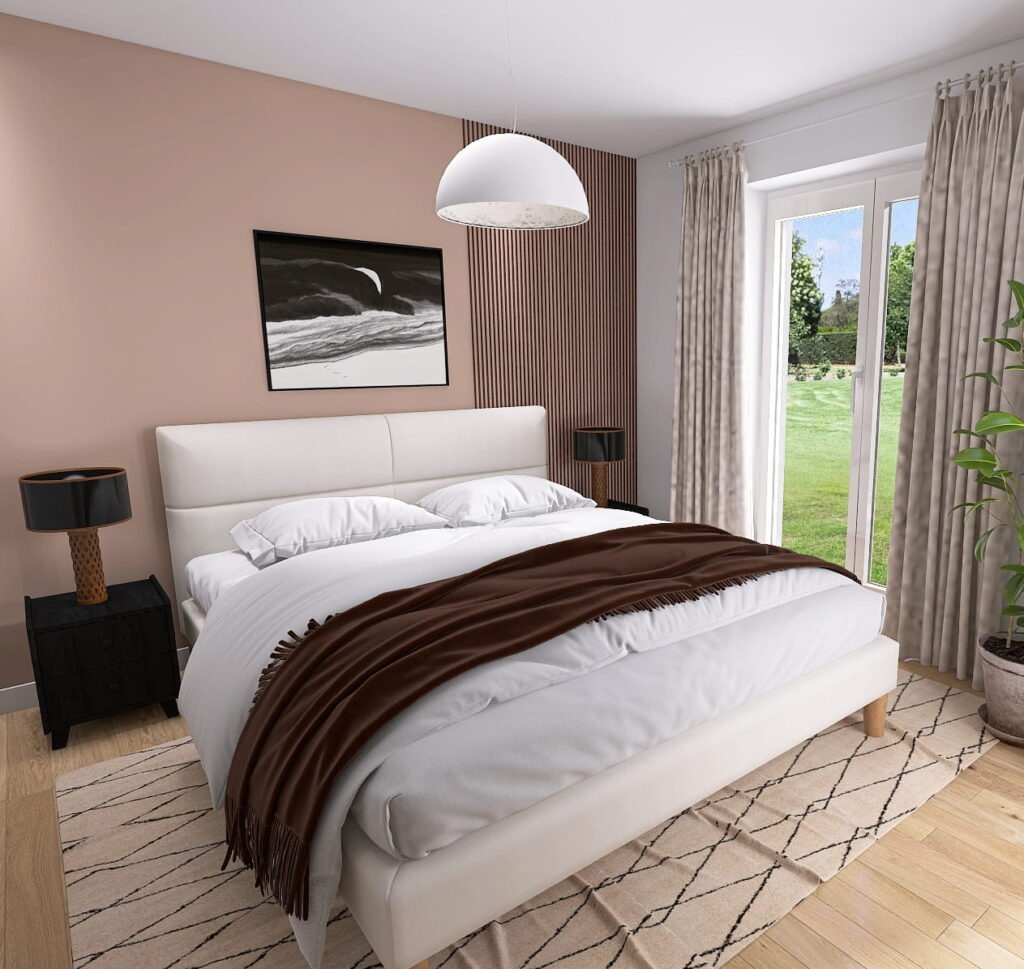 Kleines Schlafzimmer mit Wand in warmem Taupe und Holzpaneelen