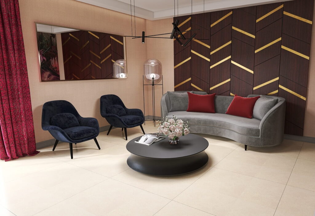 Moderner, eleganter Wartebereich mit minimalistischer Einrichtung, Holzverkleidung mit Goldakzent und Wänden in Beige